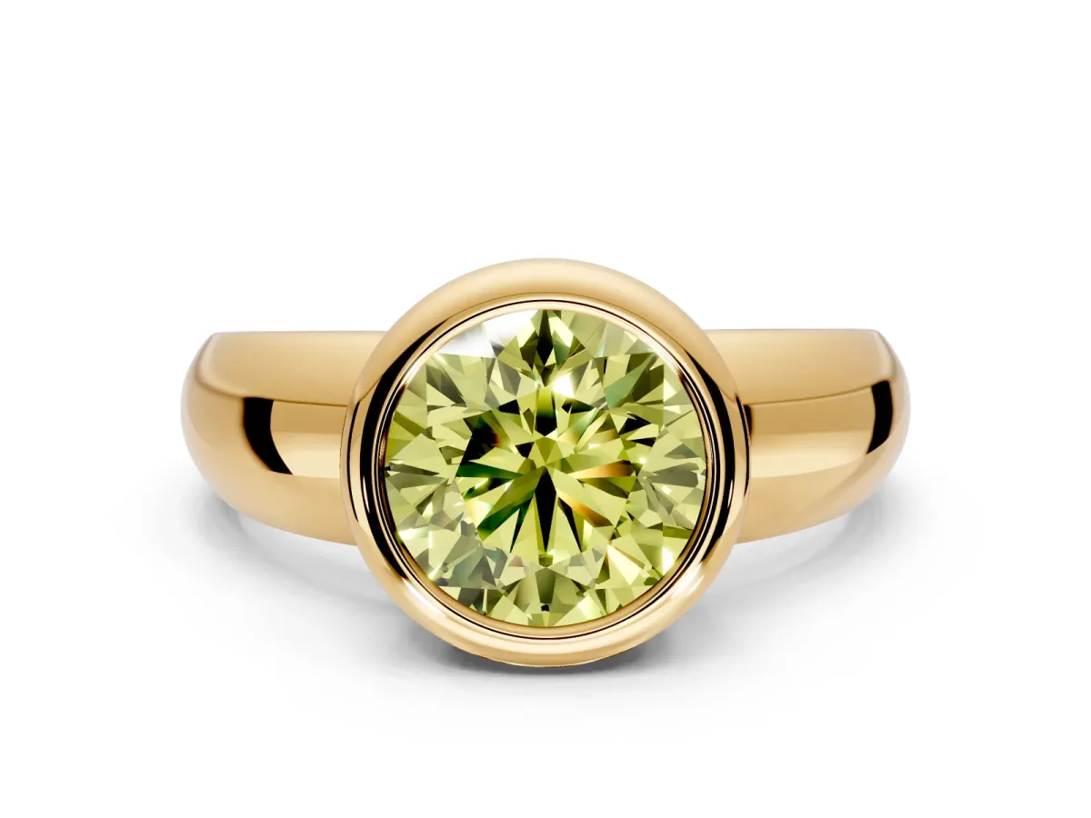 Solitaire Engagement Ring Setting for Fancy Yellow Round Cut Center with Wide Band and Bezel Head in Yellow Gold