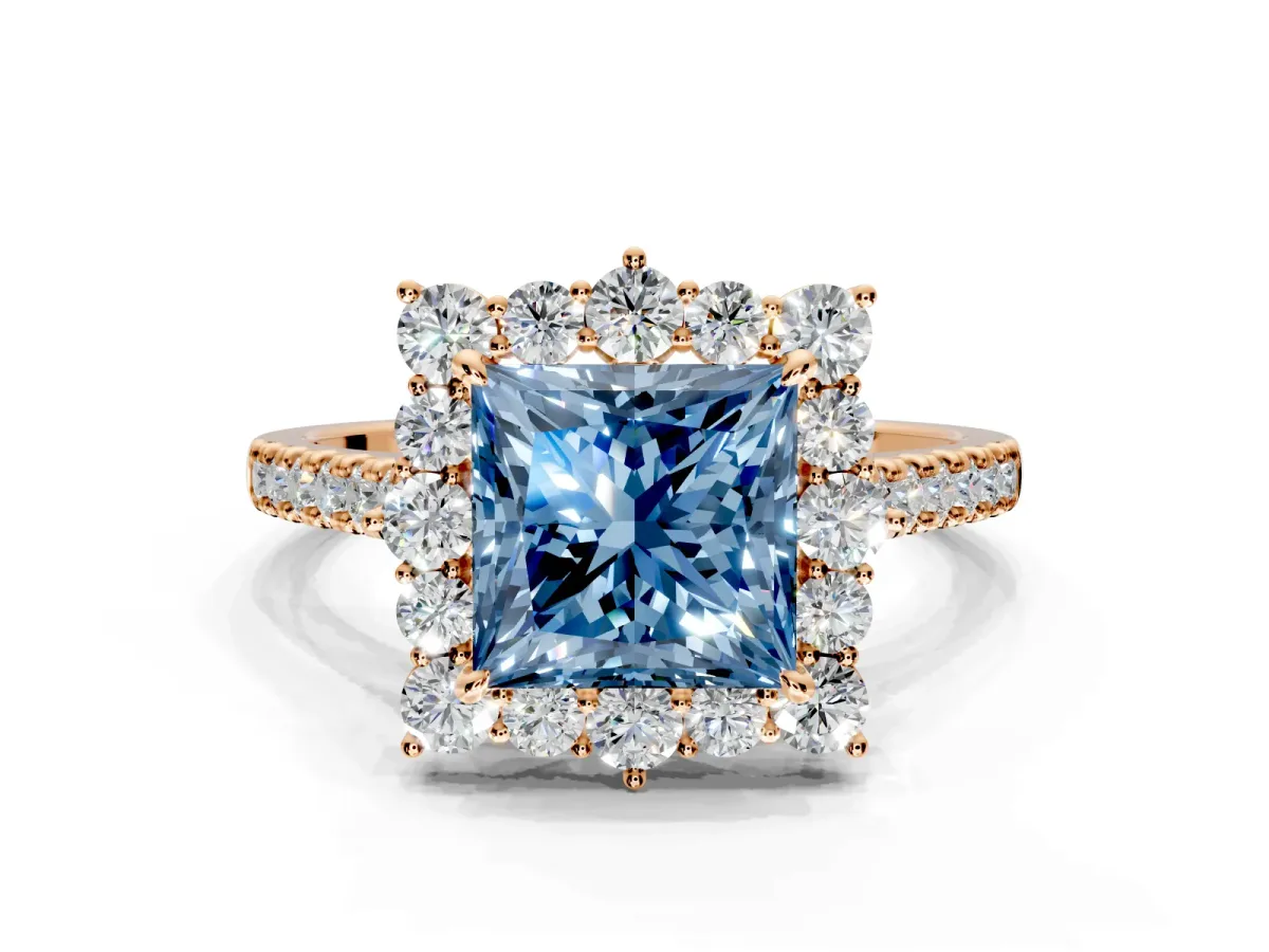 Halo Engagement Ring Setting for Fancy Blue Princess Cut Center with Single-Row Pave, Open Basket and Prong Head in Rose Gold