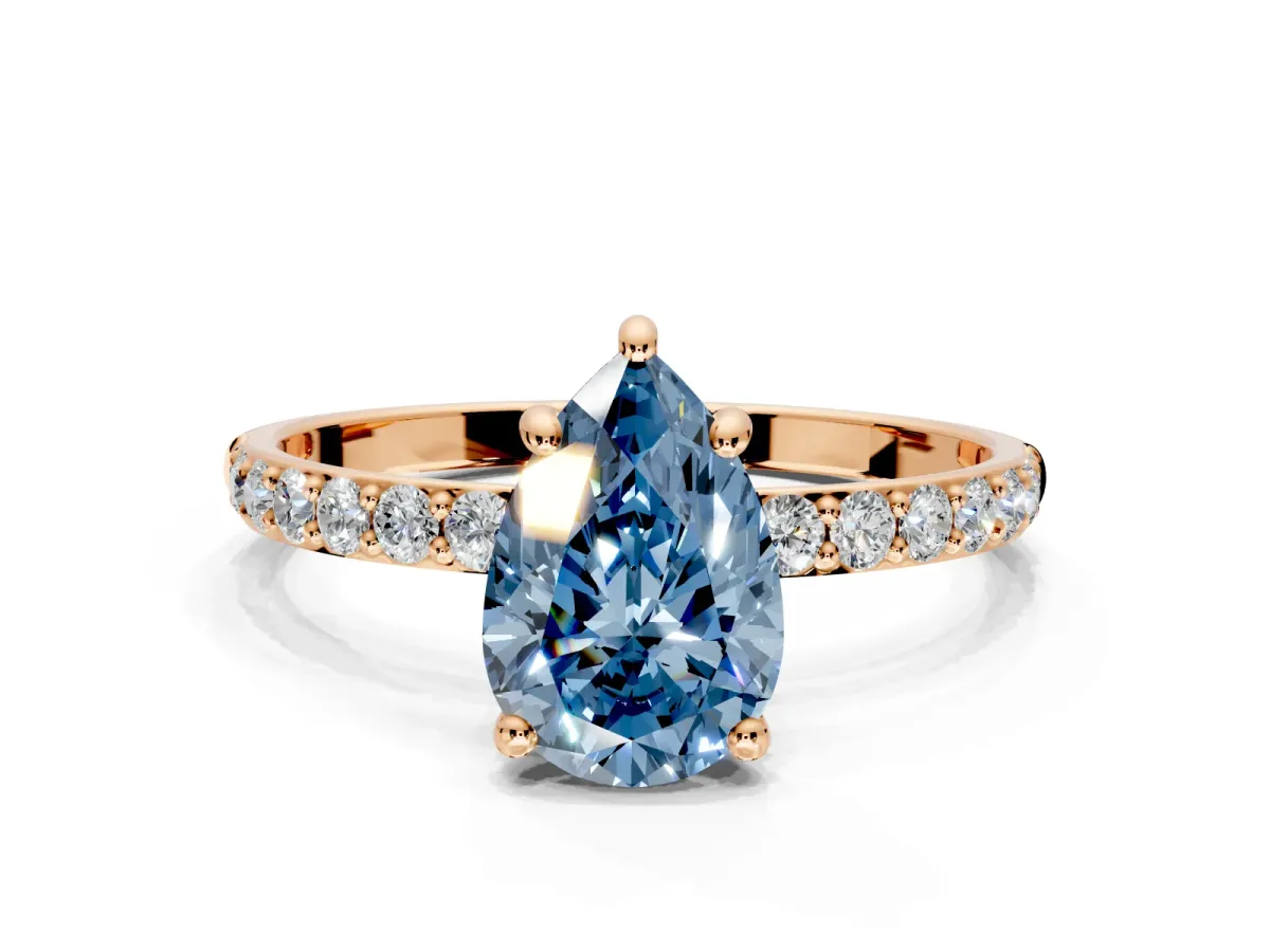 Solitaire Engagement Ring Setting for Fancy Blue Pear-Shaped Center with Pave Accents and Prong Head in Rose Gold