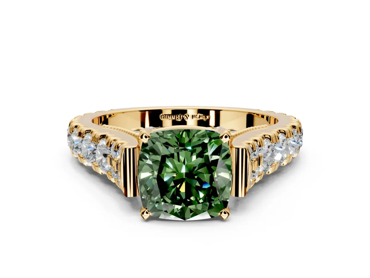 Solitaire Engagement Ring Setting for Fancy Green Cushion Cut Center with Pave Cathedral Shoulders and Prong Head in Yellow Gold