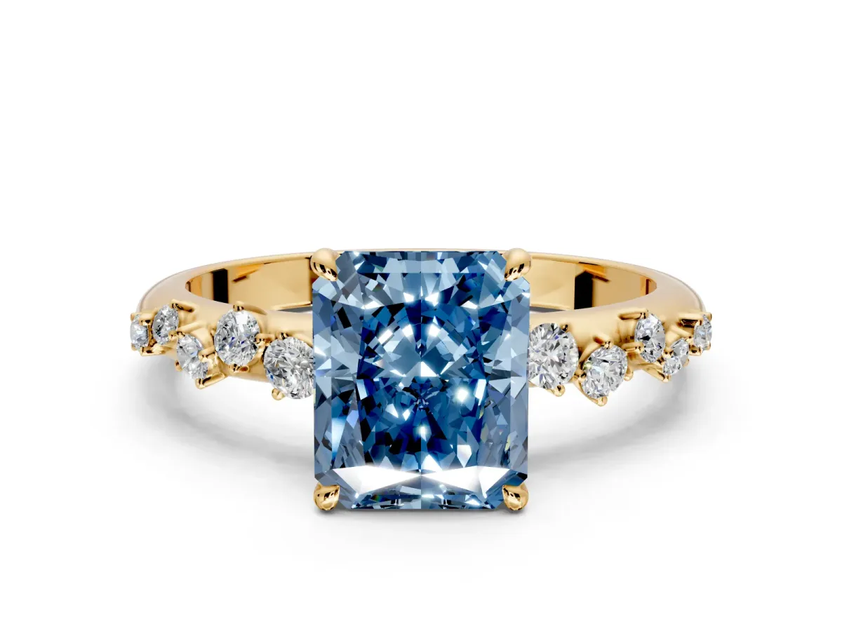 Cluster Engagement Ring Setting for Fancy Blue Radiant Cut Center with Round Cut Accent Band and Prong Head in Yellow Gold