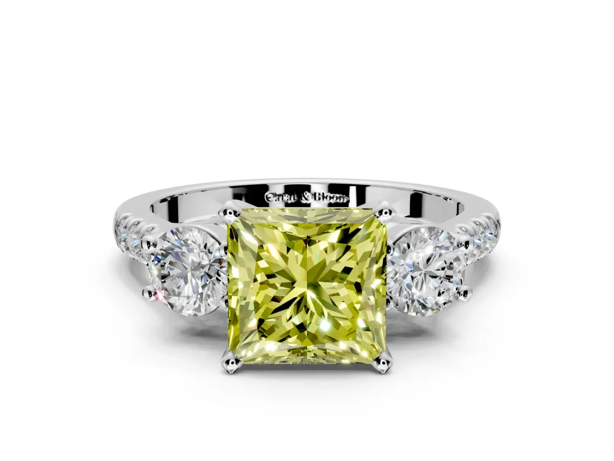 3 Stone Engagement Ring Setting for Fancy Yellow Princess Cut Center with Crossover Basket, Pave Band and Prong Head in White Gold
