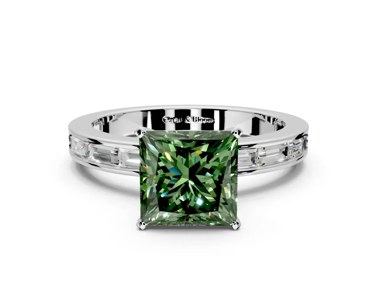 Solitaire Engagement Ring Setting for Fancy Green Princess Cut Center with Channel Baguette Band and Prong Head in Platinum