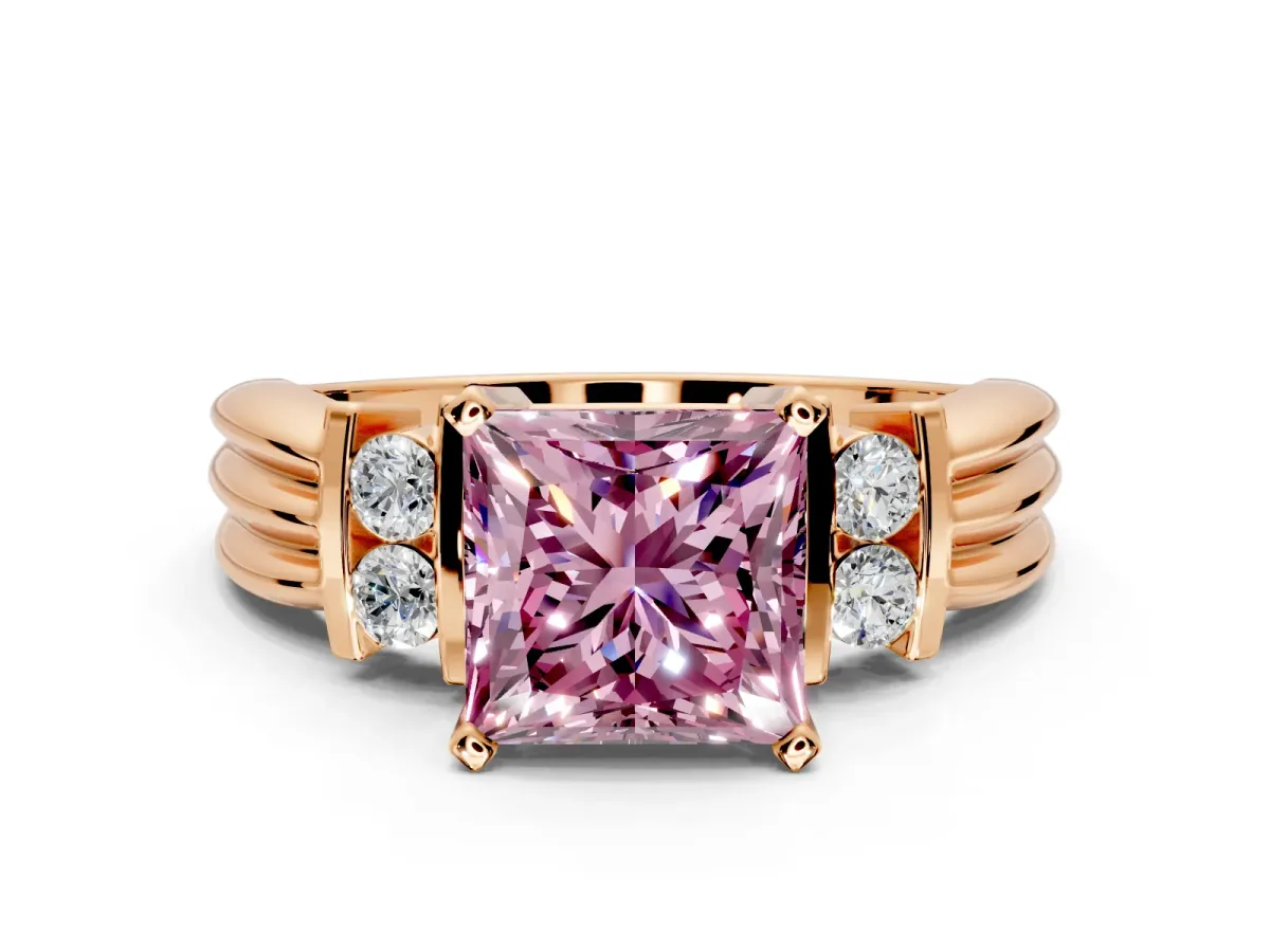 Solitaire Engagement Ring Setting for Fancy Pink Princess Cut Center with Grooved Bar Accent Band and Prong Head in Rose Gold