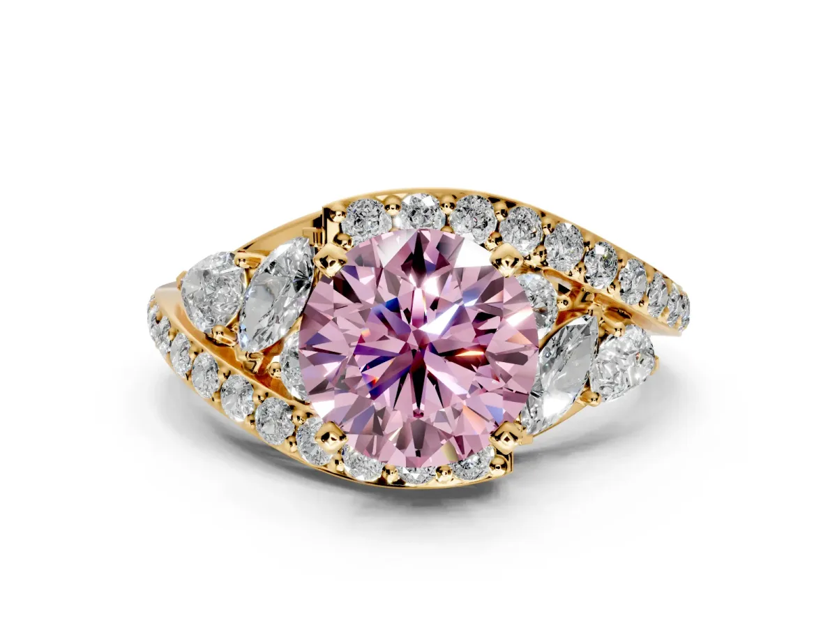 Halo Engagement Ring Setting for Fancy Pink Round Cut Center with Marquise and Pave Bypass Band and Prong Head in Yellow Gold