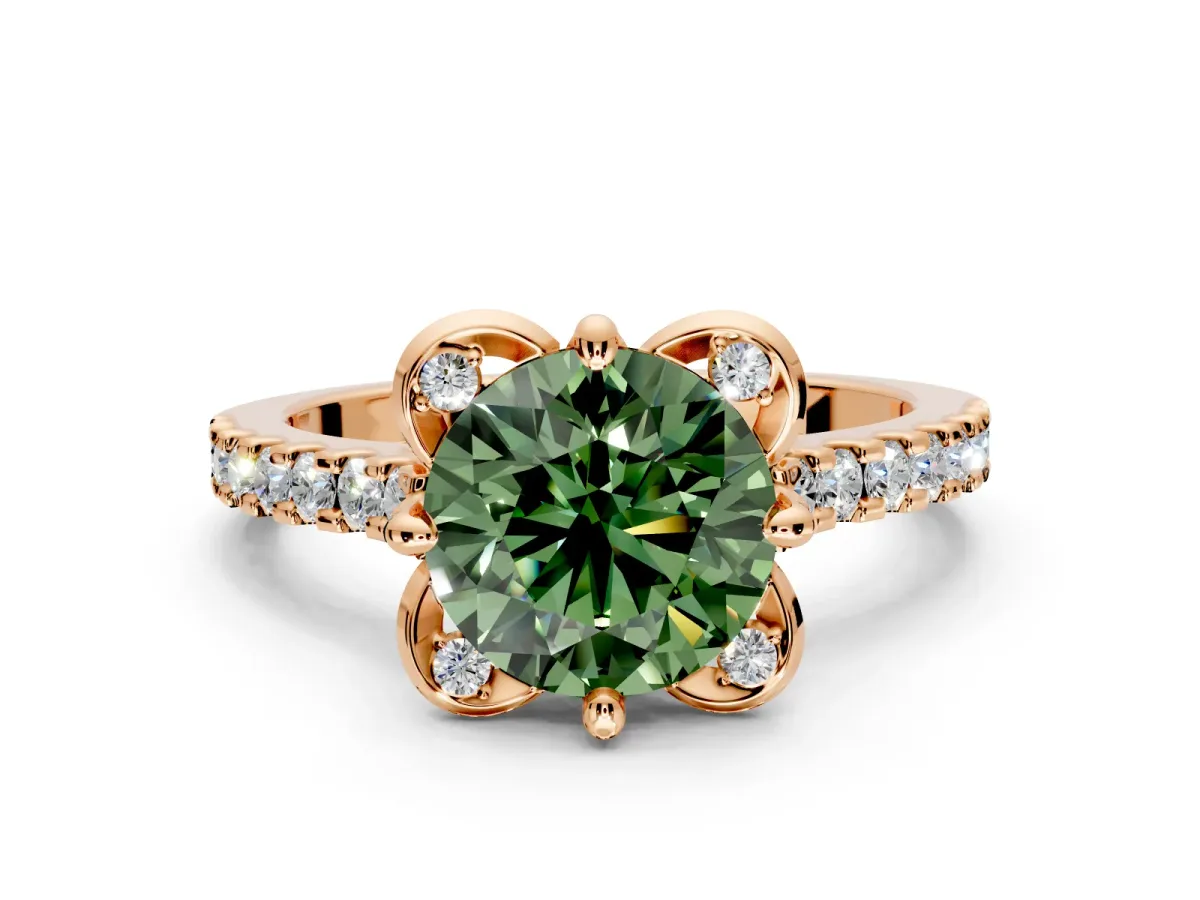 Floral Engagement Ring Setting for Fancy Green Round Cut Center with Pave Band and Floral Prong Head in Rose Gold