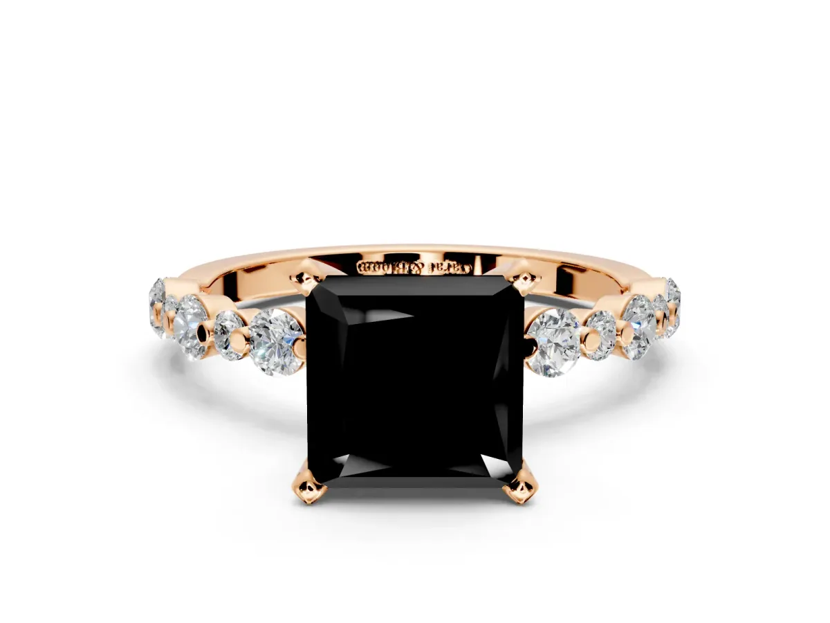 Solitaire Engagement Ring Setting for Fancy Black Princess Cut Center with Alternating Size Accents and Prong Head in Rose Gold