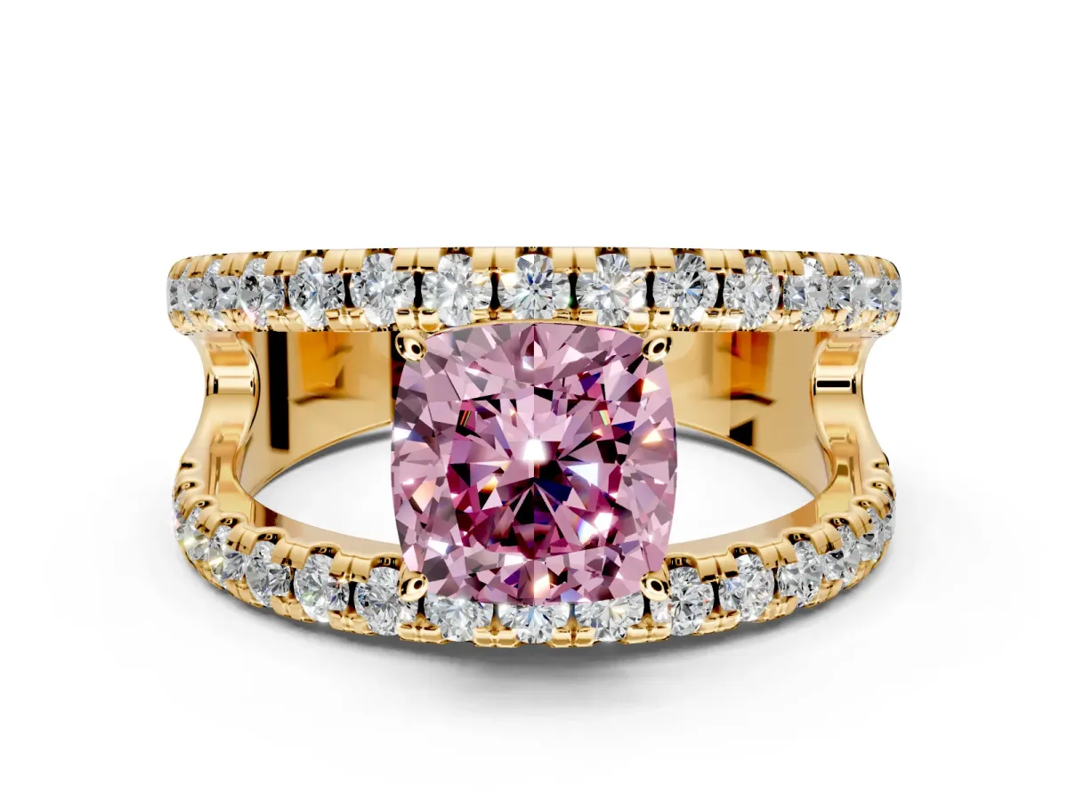 Solitaire Engagement Ring Setting for Fancy Pink Cushion Cut Center with Wide-Open Split Shank and Prong Head in Yellow Gold