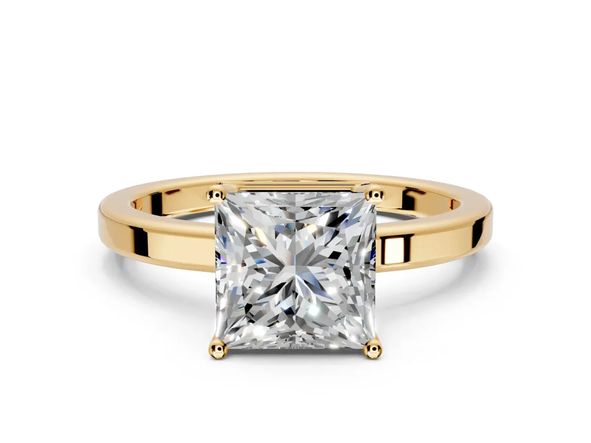 Hidden Halo Engagement Ring Setting for Princess Cut Center with Wide Flat Plain Band and Prong Head in Yellow Gold