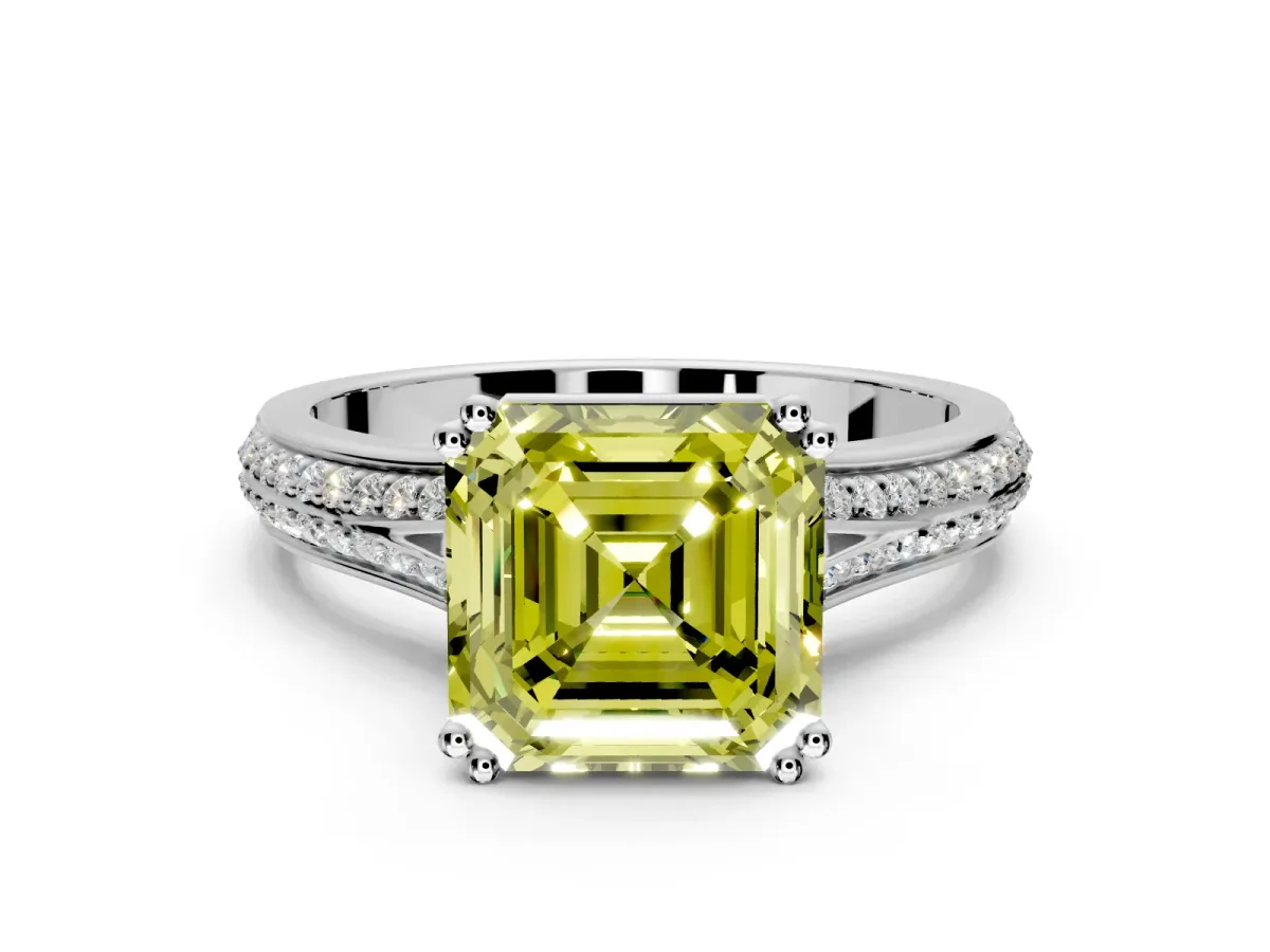 Solitaire Engagement Ring Setting for Fancy Yellow Asscher Cut Center with Pave Rail Split Shank and Prong Head in Sterling Silver