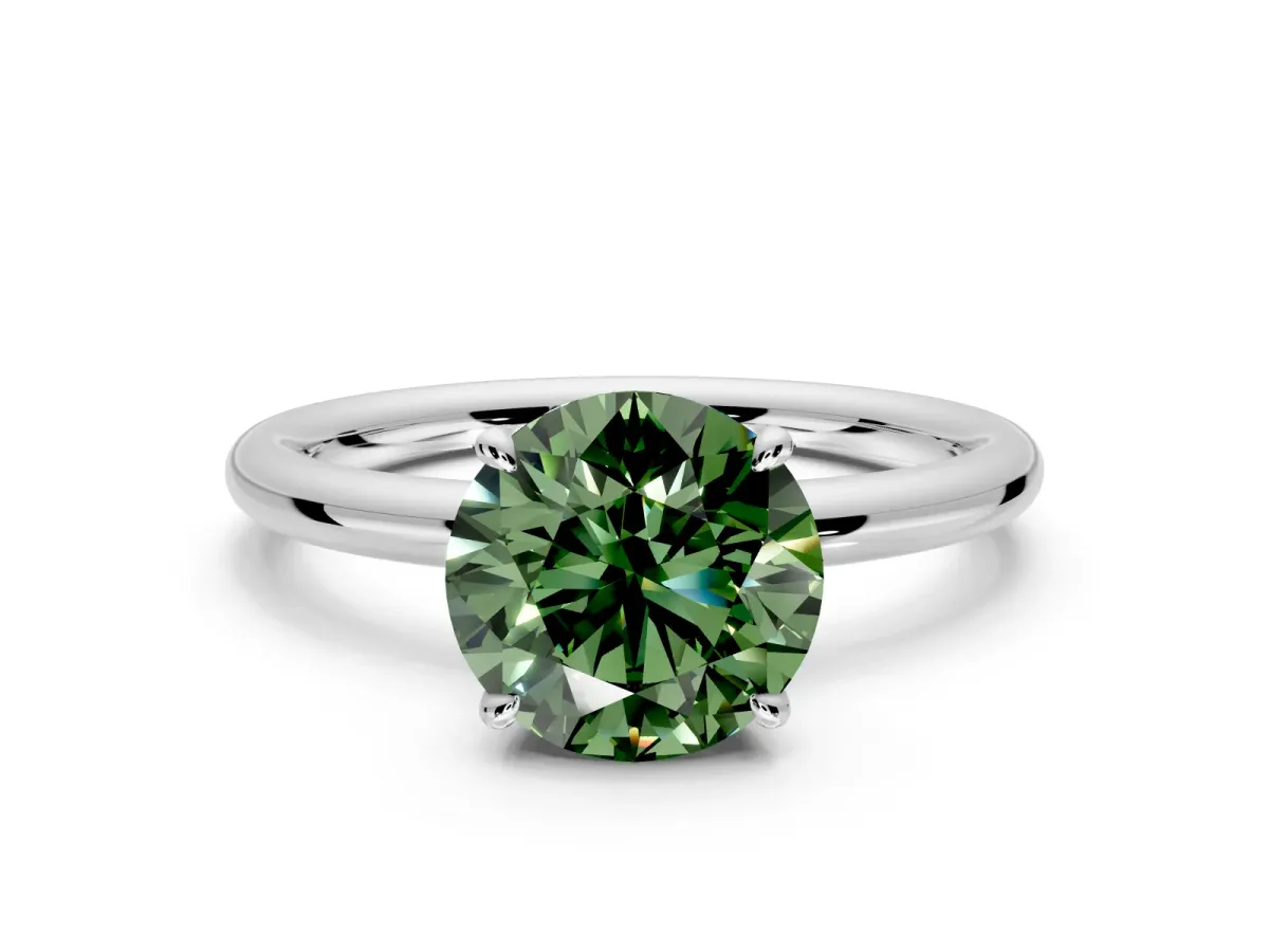 Hidden Halo Engagement Ring Setting for Fancy Green Round Cut Center with Thin Rounded Band and Prong Head in Sterling Silver