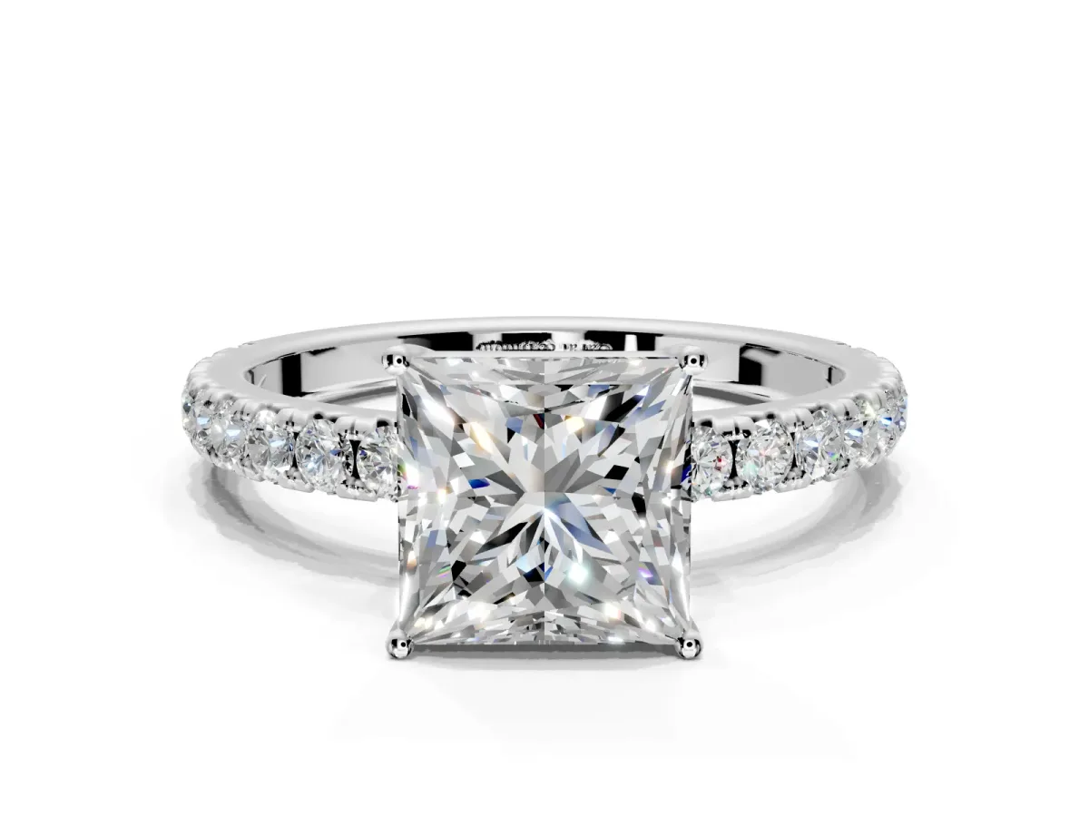 Solitaire Engagement Ring Setting for Princess Cut Center with Large Accent Band and Prong Head in White Gold