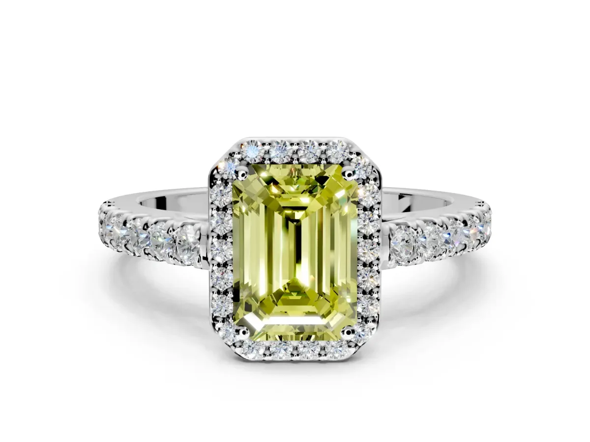 Halo Engagement Ring Setting for Fancy Yellow Emerald Cut Center with Full Pave Band and Prong Head in Sterling Silver