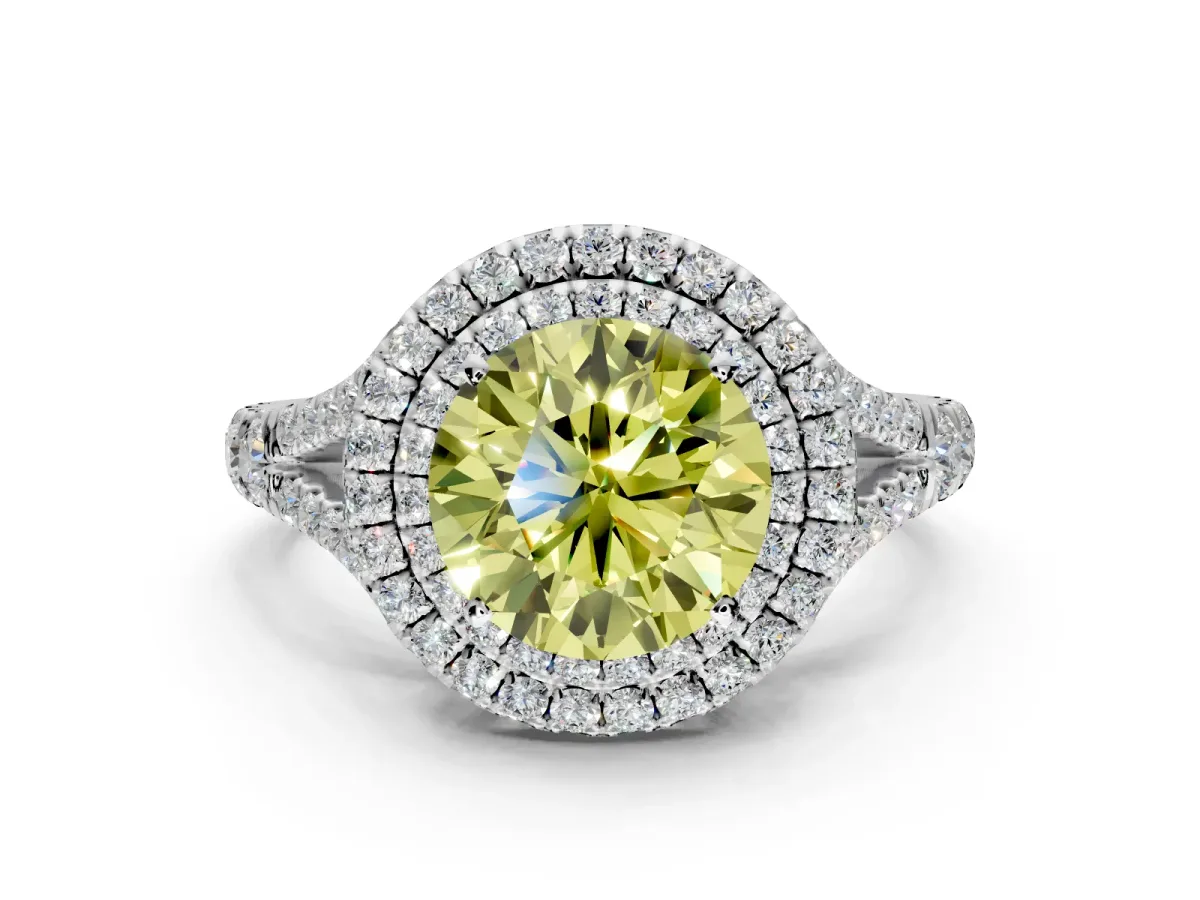 Double Halo Engagement Ring Setting for Fancy Yellow Round Cut Center with Narrow Pave Split Shank and Prong Head in Platinum