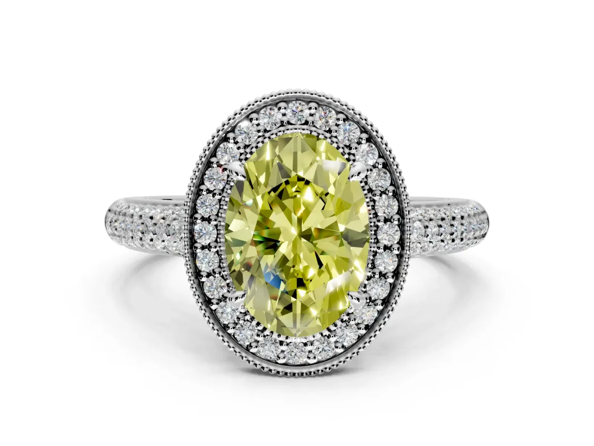 Milgrain Halo Engagement Ring Setting for Fancy Yellow Oval Center with Three-Sided Pave Band and Prong Head in Platinum