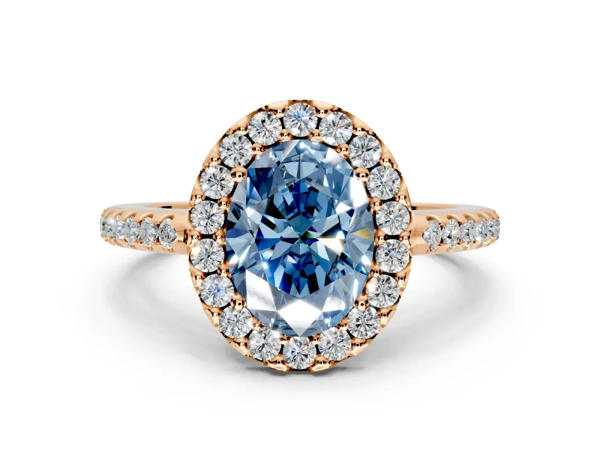 Pave Halo Engagement Ring Setting for Fancy Blue Oval Center with Single Row Pave Band and Prong Head in Rose Gold
