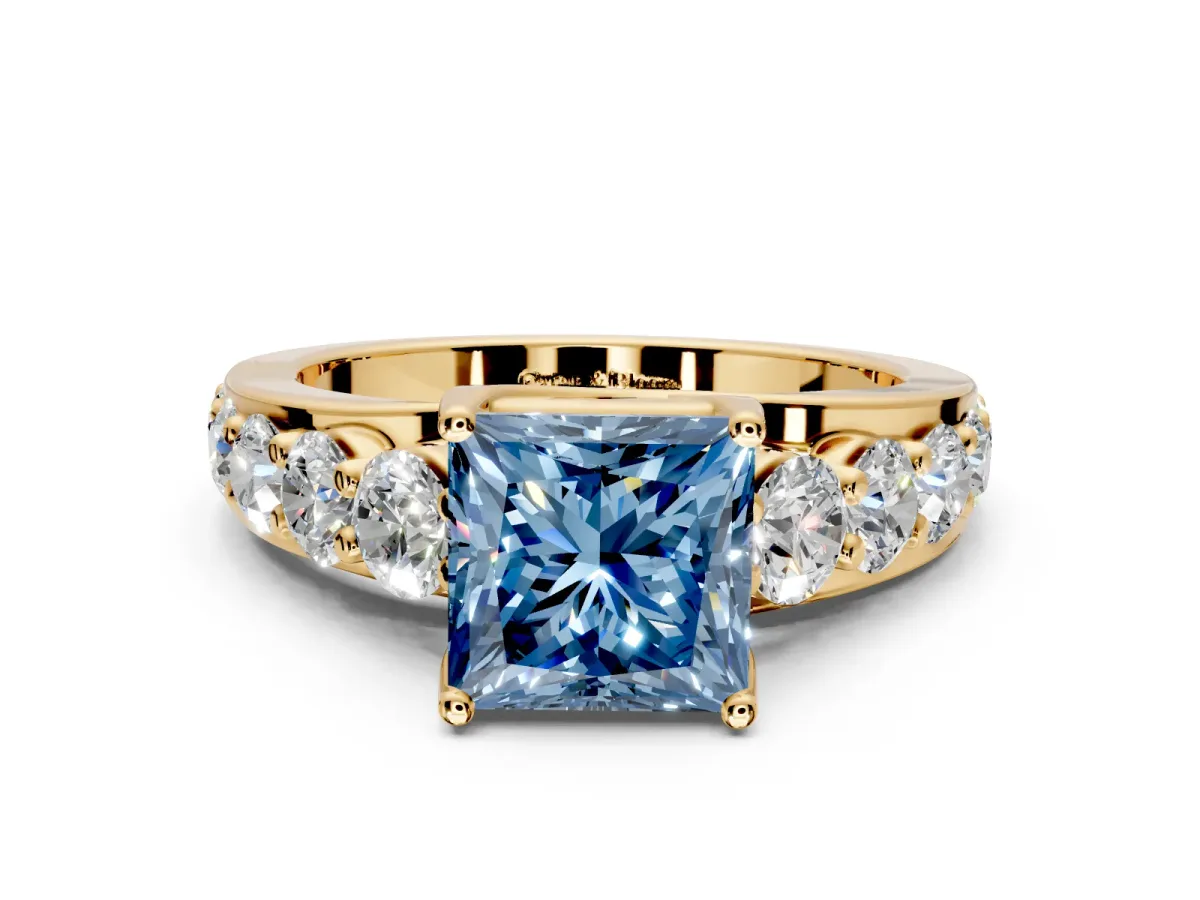 Solitaire Engagement Ring Setting for Fancy Blue Princess Cut Center with Graduated Shared Prongs and Prong Head in Yellow Gold