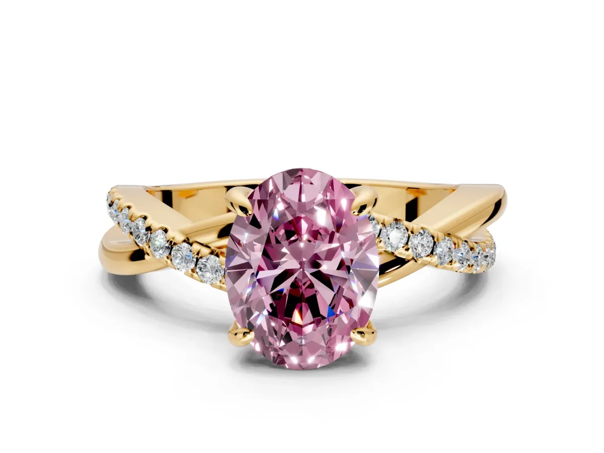 Solitaire Engagement Ring Setting for Fancy Pink Oval Center with Half-Pave Crossover Band and Prong Head in Yellow Gold