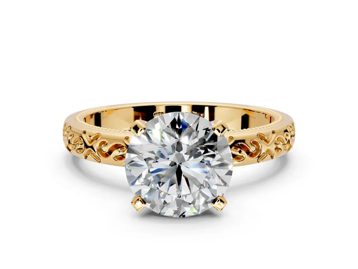 Solitaire Engagement Ring Setting for Round Cut Center with Scrollwork Band and Prong Head in Yellow Gold