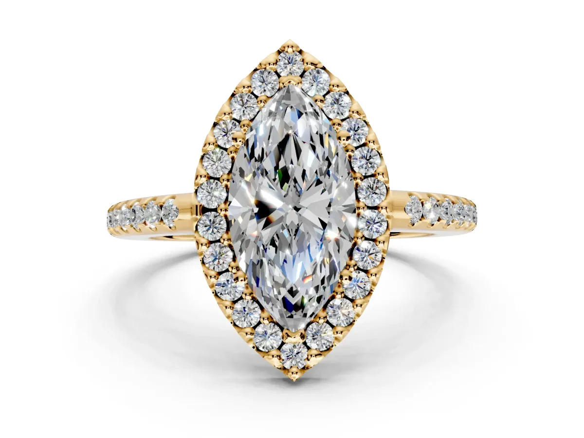 Pave Halo Engagement Ring Setting for Marquise Center with Single Row Pave Band and Prong Head in Yellow Gold