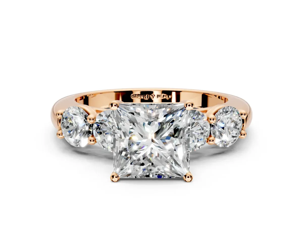 5 Stone Engagement Ring Setting for Princess Cut Center with Graduated Accents and Prong Head in Rose Gold