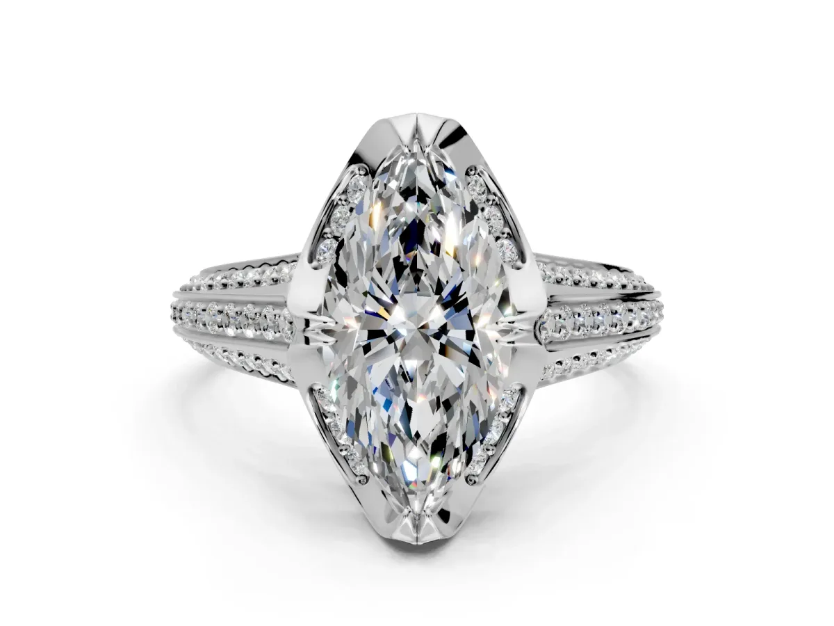 Solitaire Engagement Ring Setting for Marquise Center with Accented Split Shank and Prong Head in Platinum