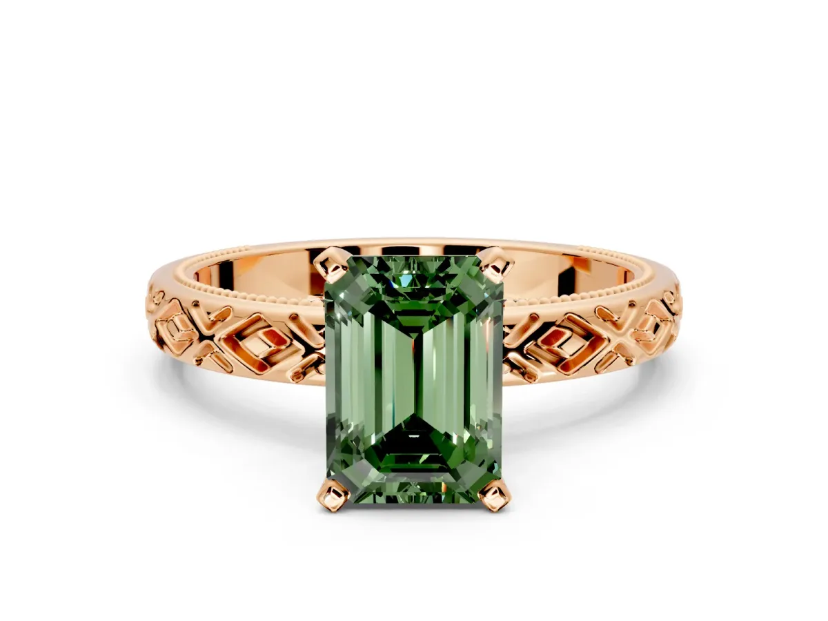 Solitaire Engagement Ring Setting for Fancy Green Emerald Cut Center with Milgrain X Pattern Band and Prong Head in Rose Gold