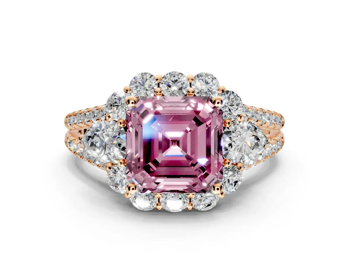 Halo Engagement Ring Setting for Fancy Pink Asscher Cut Center with Two-Strand Split Shank and Prong Head in Rose Gold