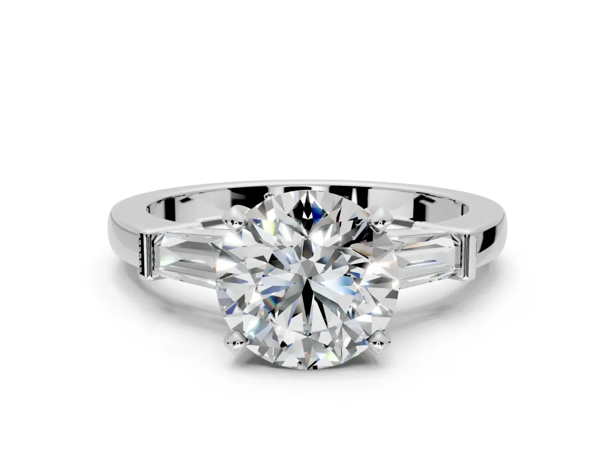 3 Stone Engagement Ring Setting for Round Cut Center with Channel Baguette Accents and Prong Head in Platinum