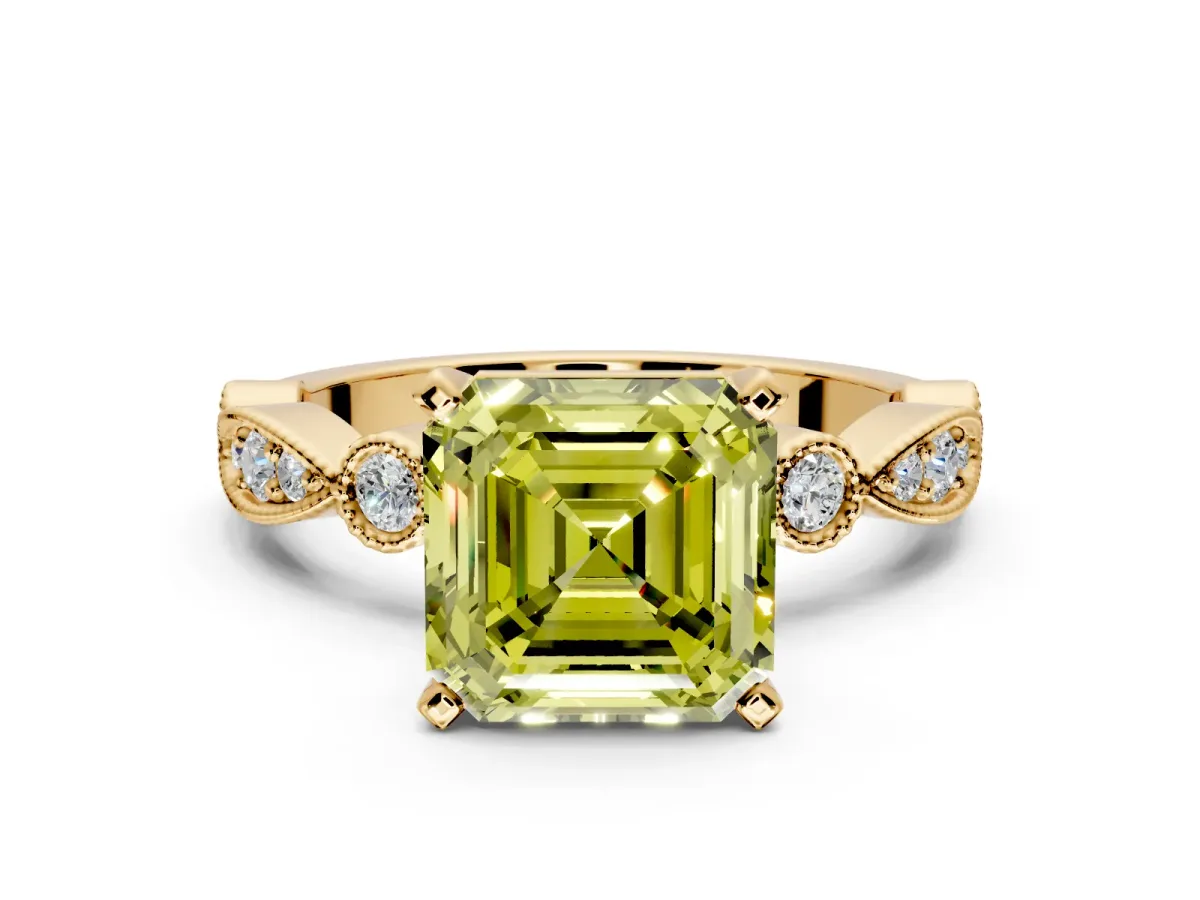 Solitaire Engagement Ring Setting for Fancy Yellow Asscher Cut Center with Milgrain Bezel Accents and Prong Head in Yellow Gold