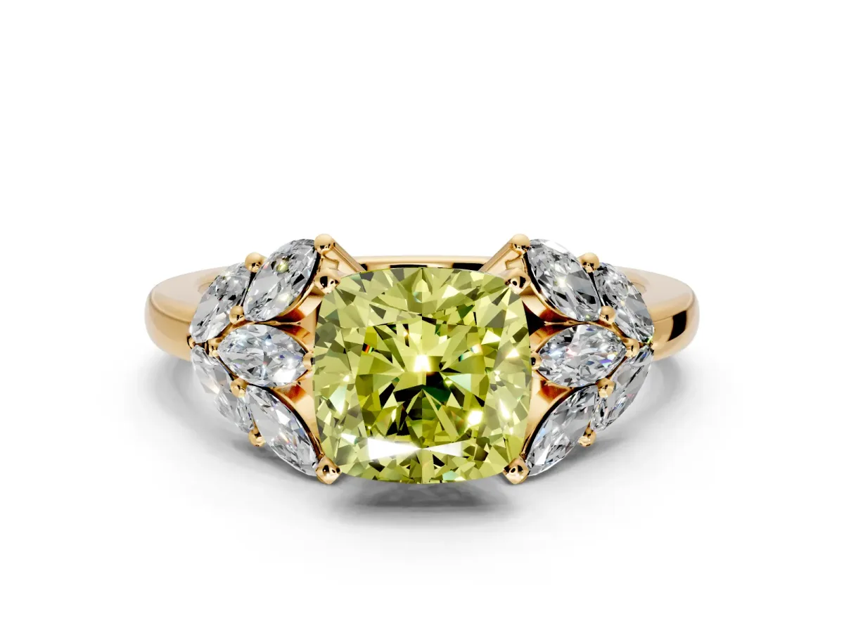 Leaf Cluster Engagement Ring Setting for Fancy Yellow Cushion Cut Center with Marquise Accents and Prong Head in Yellow Gold