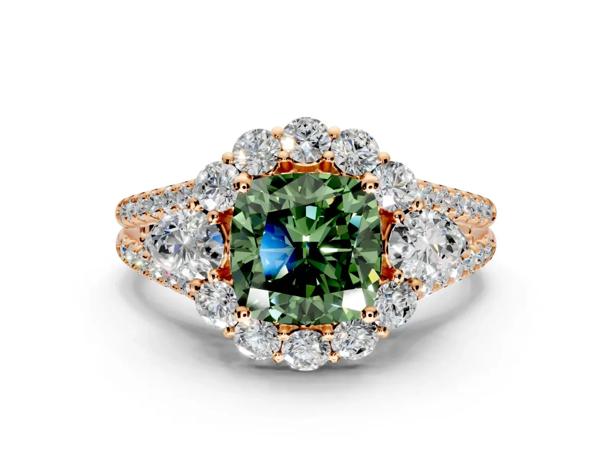 Halo Engagement Ring Setting for Fancy Green Cushion Cut Center with Two-Strand Split Shank and Prong Head in Rose Gold