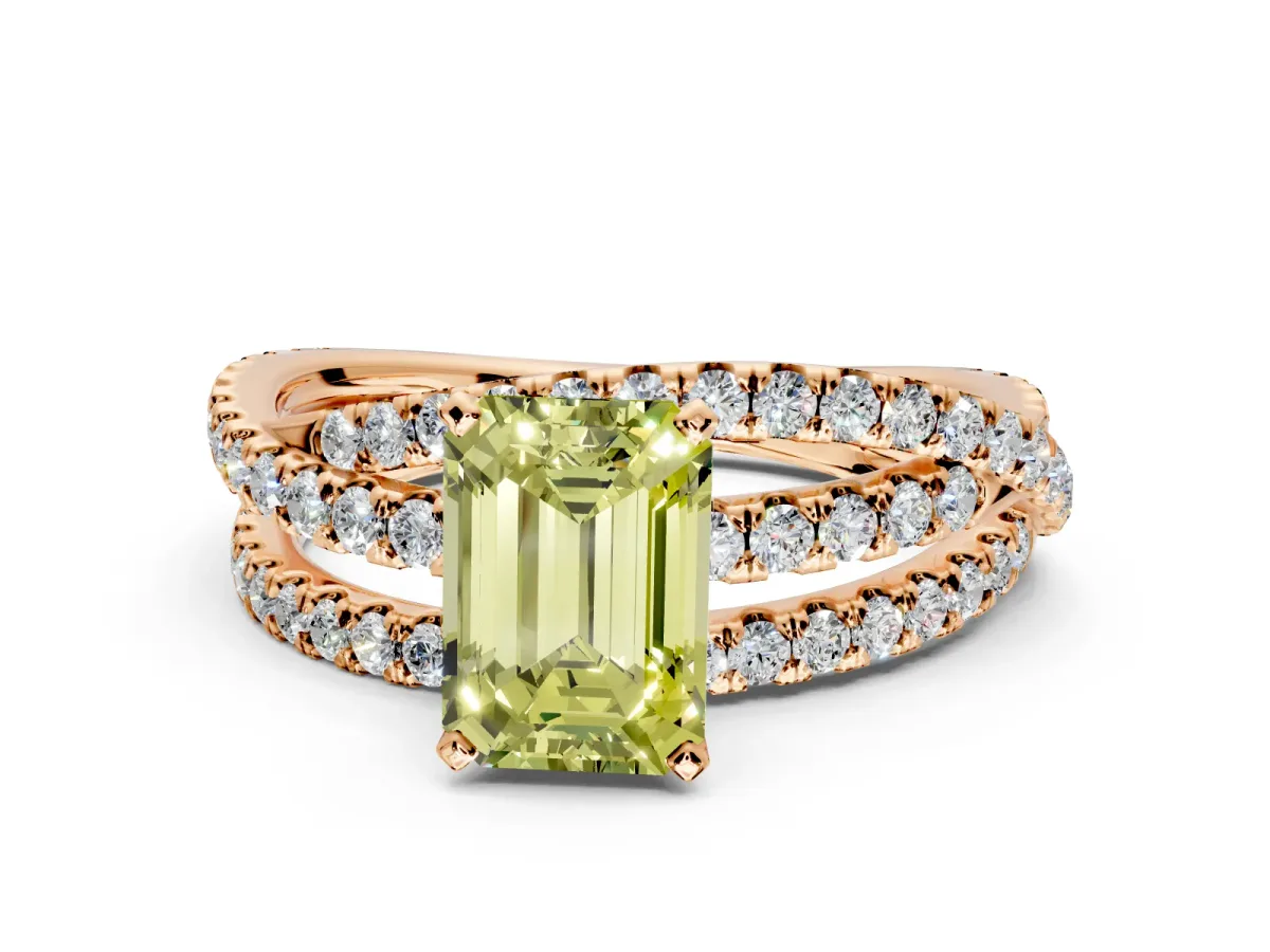 Solitaire Engagement Ring Setting for Fancy Yellow Emerald Cut Center with Woven 3-Strand Pave Band and Prong Head in Rose Gold
