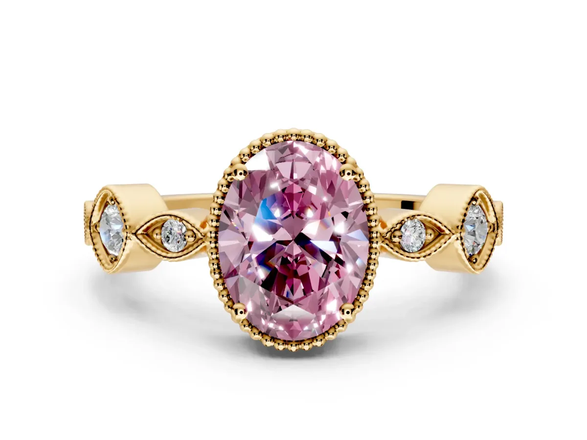 Vintage Station Engagement Ring Setting for Fancy Pink Oval Center with Accents and Prong Head in Yellow Gold