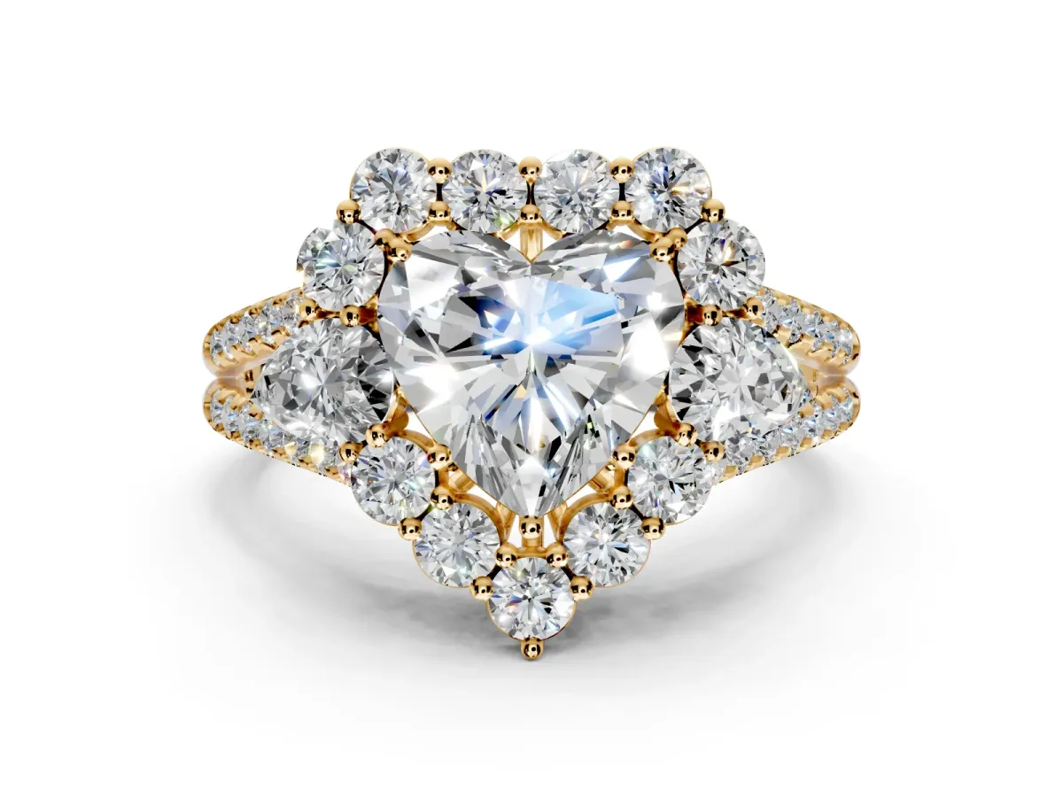 Halo Engagement Ring Setting for Heart-Shaped Center with Two-Strand Split Shank and Prong Head in Yellow Gold