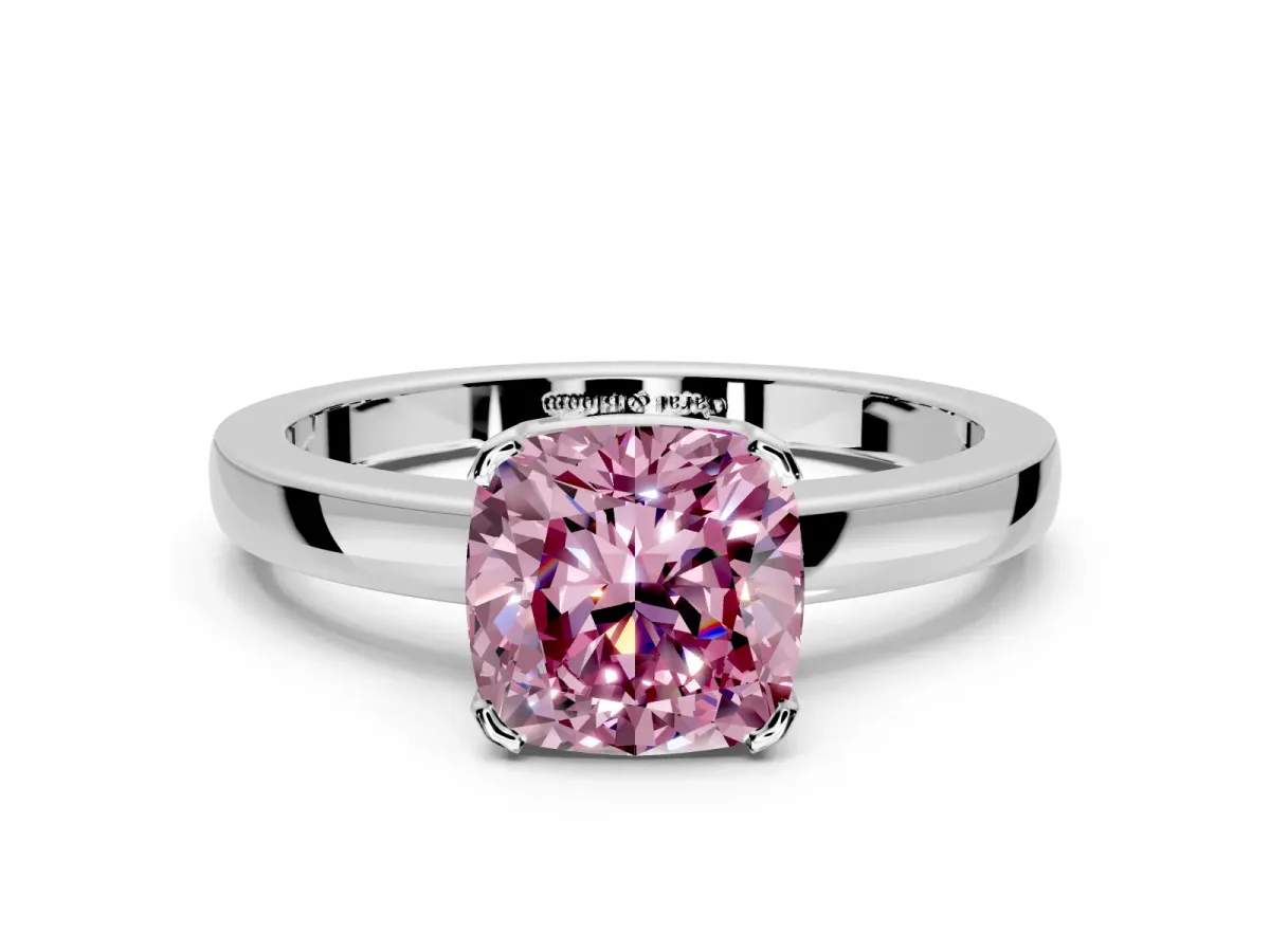 Solitaire Engagement Ring Setting for Fancy Pink Cushion Cut Center with Plain Band and Flat Tab Prong Head in Sterling Silver