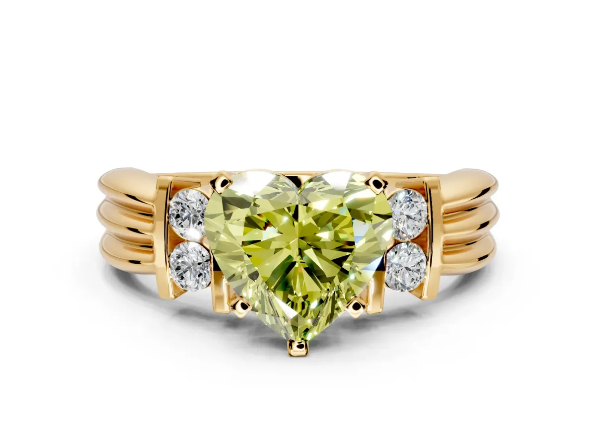 Solitaire Engagement Ring Setting for Fancy Yellow Heart-Shaped Center with Grooved Bar Accent Band and Prong Head in Yellow Gold