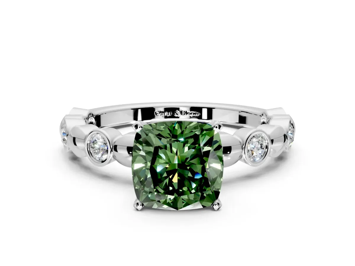 Solitaire Engagement Ring Setting for Fancy Green Cushion Cut Center with Beaded Bezel Station Band and Prong Head in White Gold