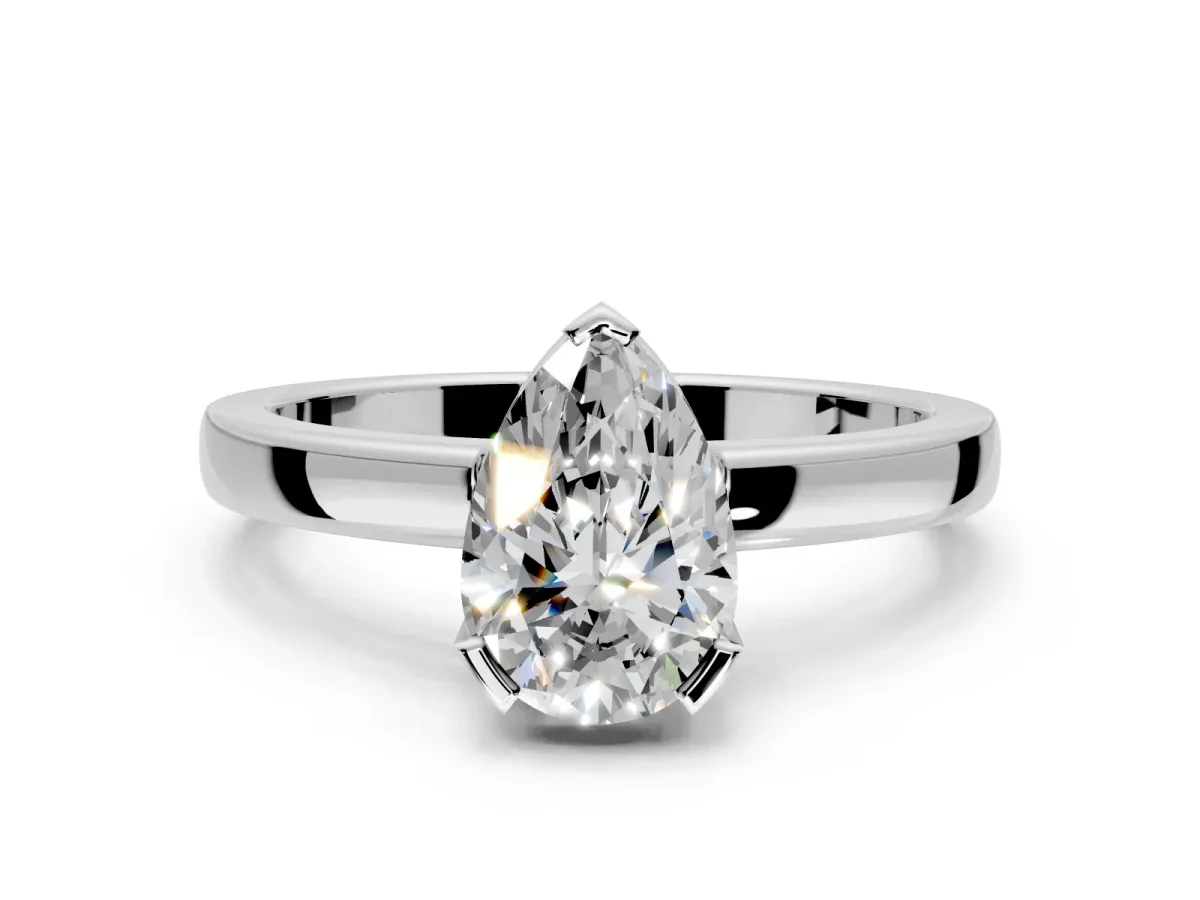 Solitaire Engagement Ring Setting for Pear-Shaped Center with Plain Band and Flat Tab Prong Head in Platinum