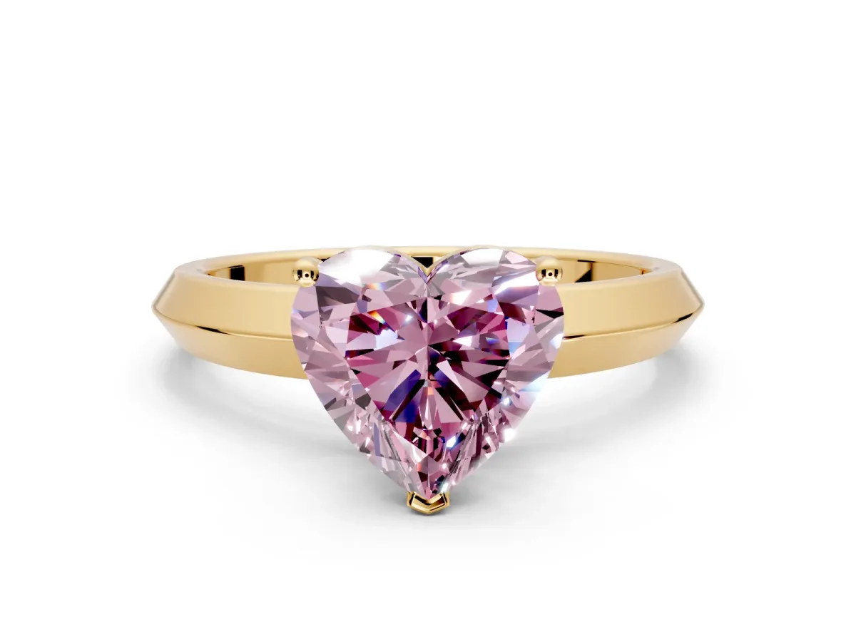 Solitaire Engagement Ring Setting for Fancy Pink Heart-Shaped Center with Wide Knife Ridge Band and Prong Head in Yellow Gold