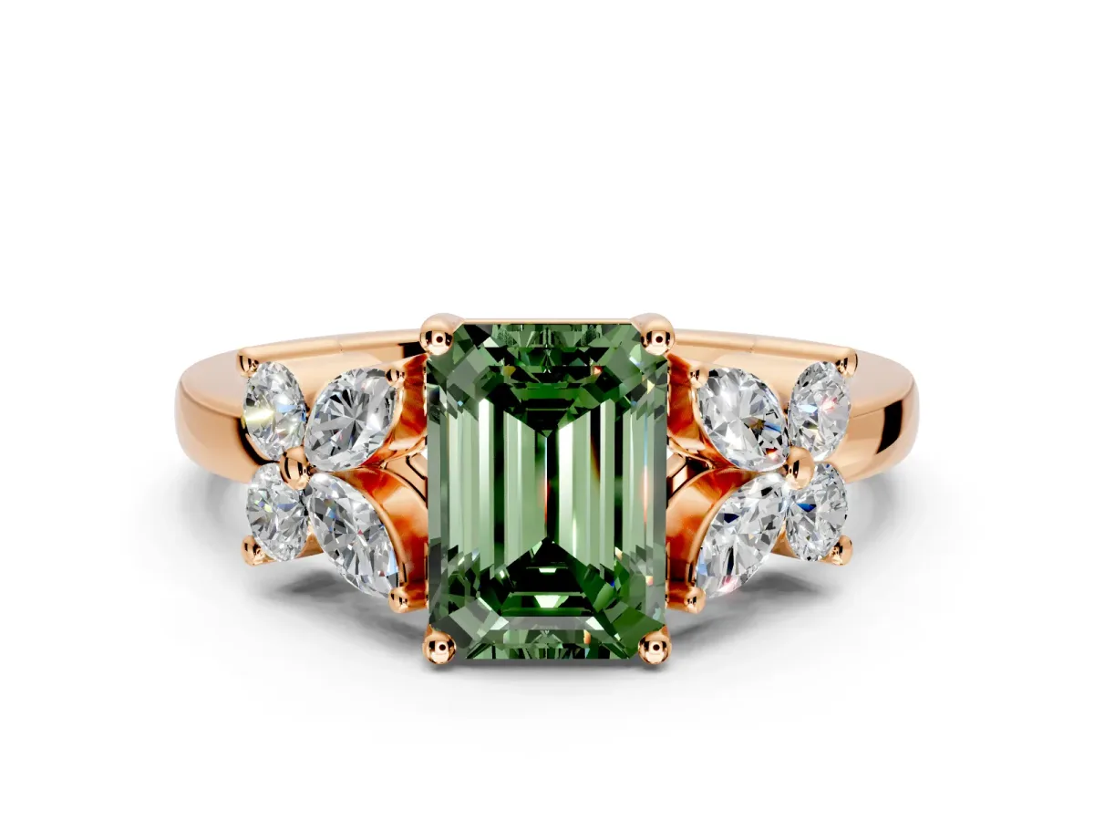 Floral Engagement Ring Setting for Fancy Green Emerald Cut Center with Marquise Cluster Shoulders and Prong Head in Rose Gold