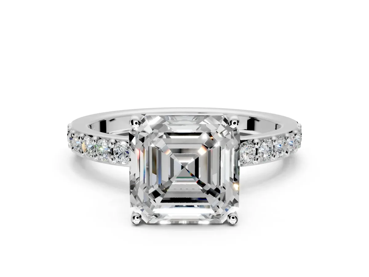 Solitaire Engagement Ring Setting for Asscher Cut Center with Round Cut Pave Band and Prong Head in Sterling Silver
