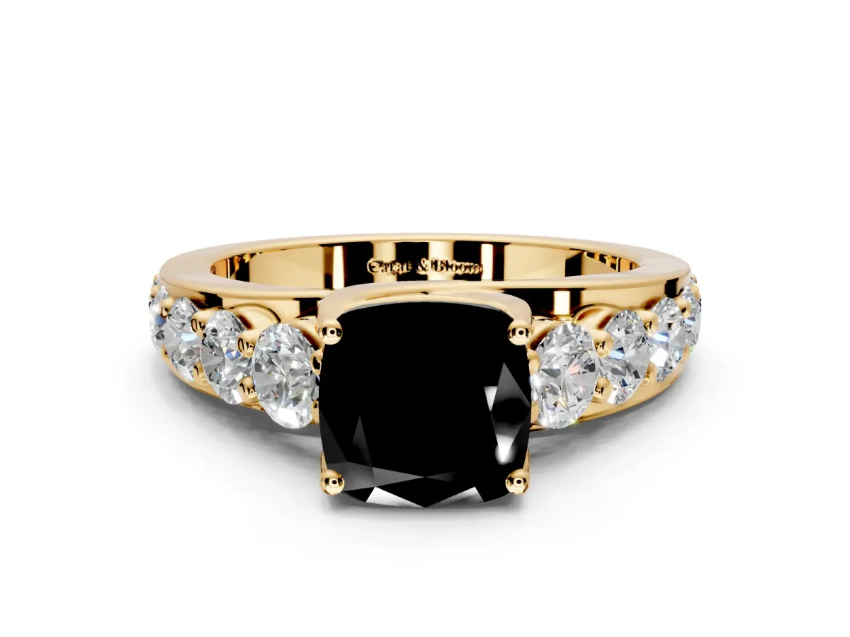 Solitaire Engagement Ring Setting for Fancy Black Cushion Cut Center with Graduated Shared Prongs and Prong Head in Yellow Gold