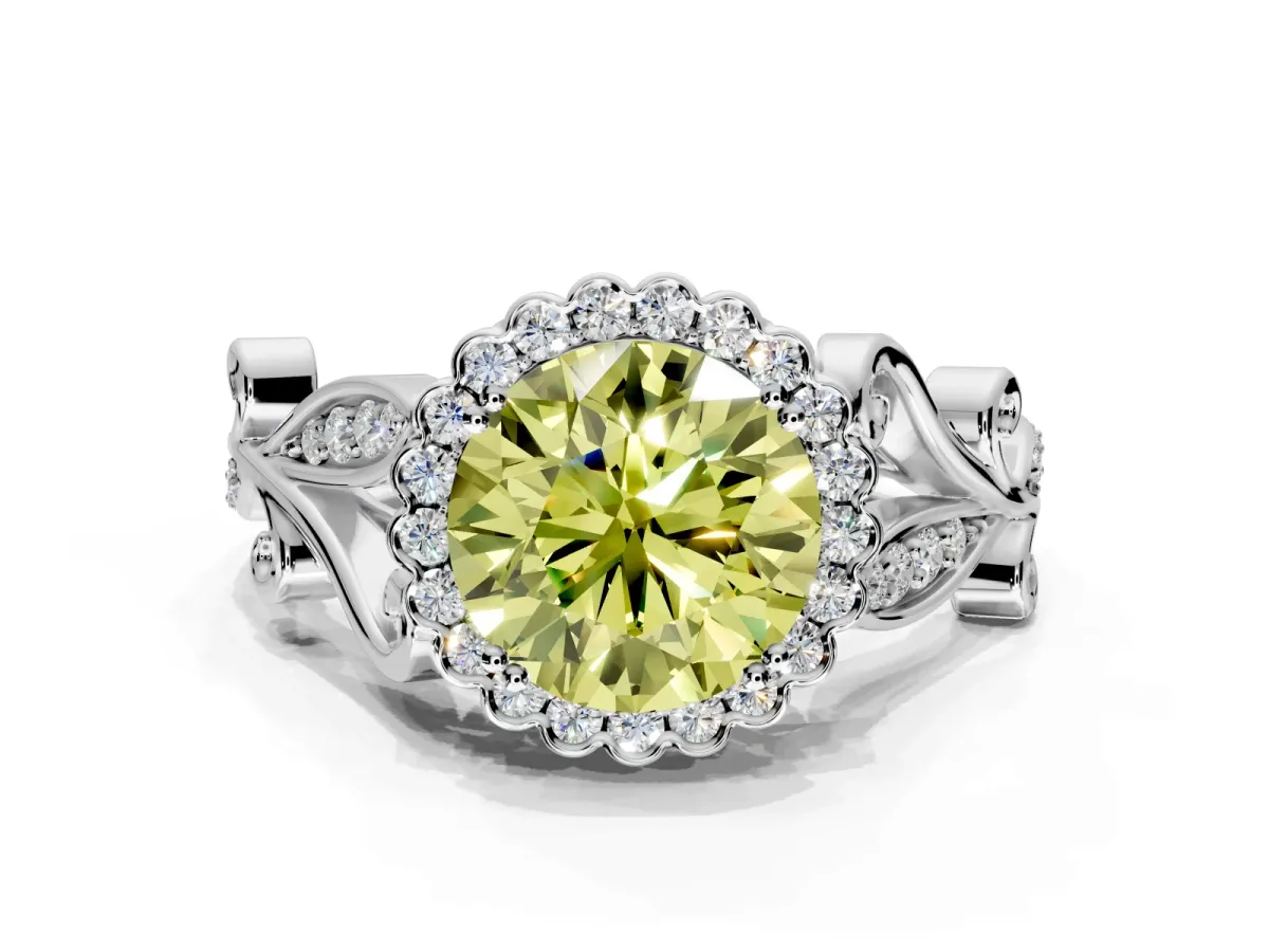 Halo Engagement Ring Setting for Fancy Yellow Round Cut Center with Leaf Motif Split Shank and Prong Head in Platinum