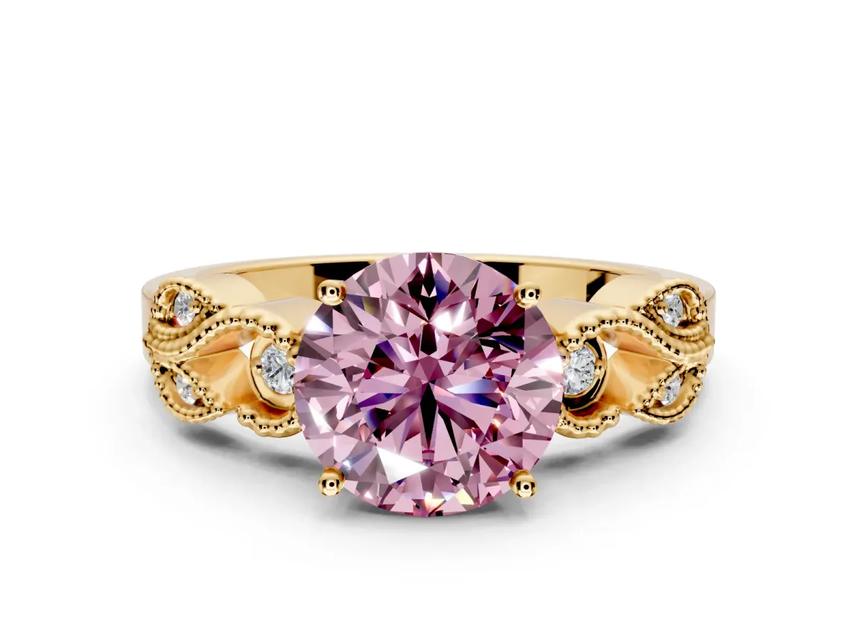 Leaf Engagement Ring Setting for Fancy Pink Round Cut Center with Milgrain Accent Band and Prong Head in Yellow Gold