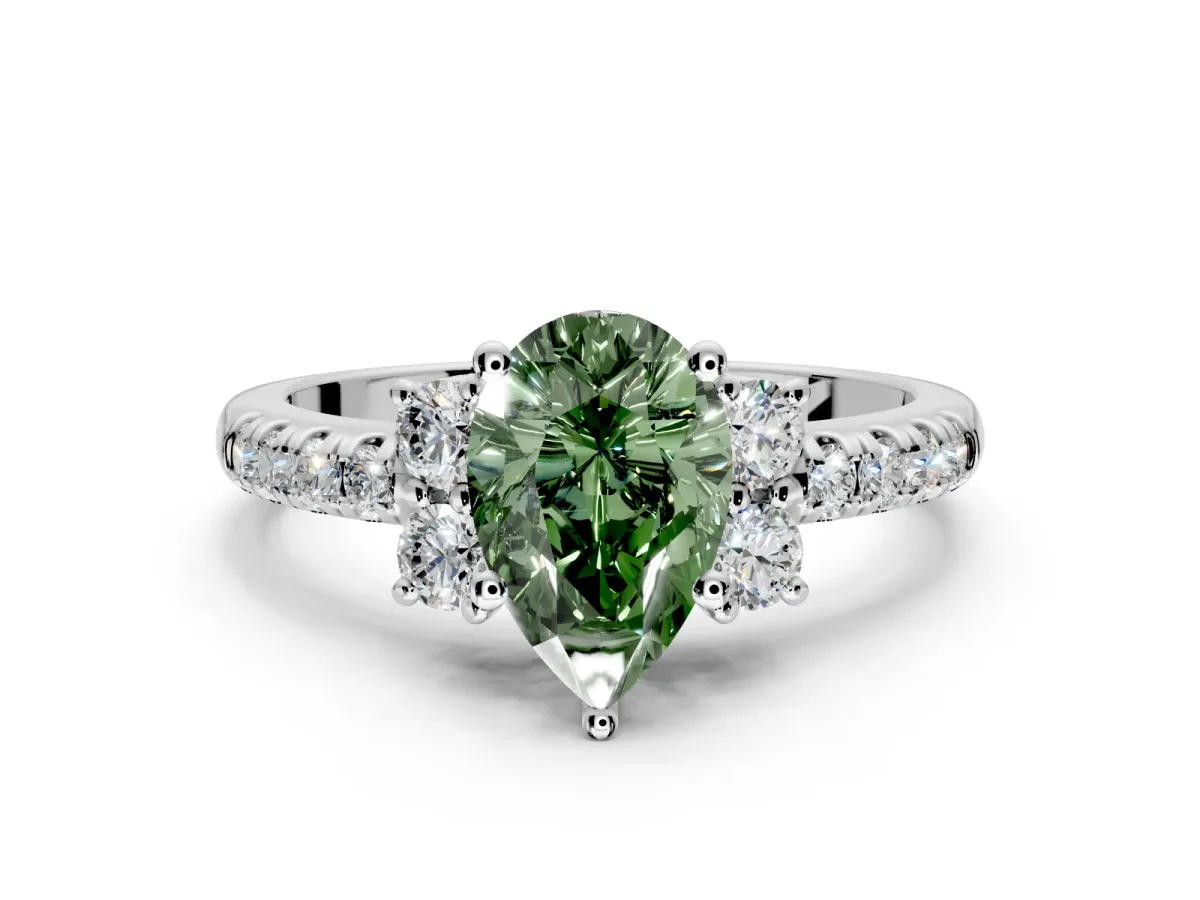 Paired Accent Engagement Ring Setting for Fancy Green Pear-Shaped Center with Pave Band and Prong Head in Sterling Silver