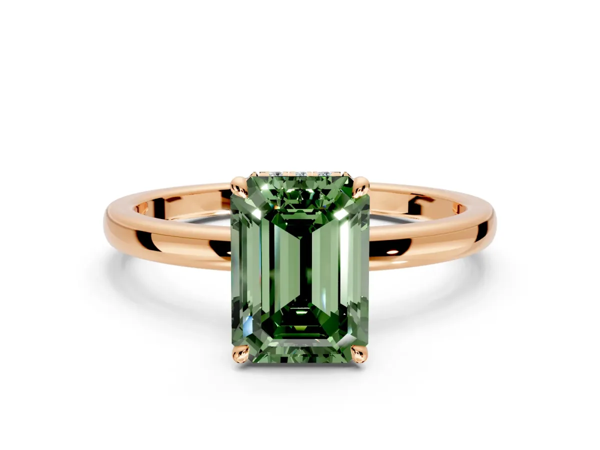 Hidden Halo Engagement Ring Setting for Fancy Green Emerald Cut Center with Plain Band and Tall Prong Head in Rose Gold