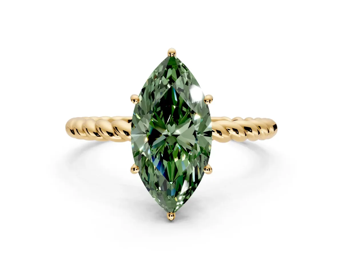 Solitaire Engagement Ring Setting for Fancy Green Marquise Center with Plain Twisted Rope Band and Prong Head in Yellow Gold