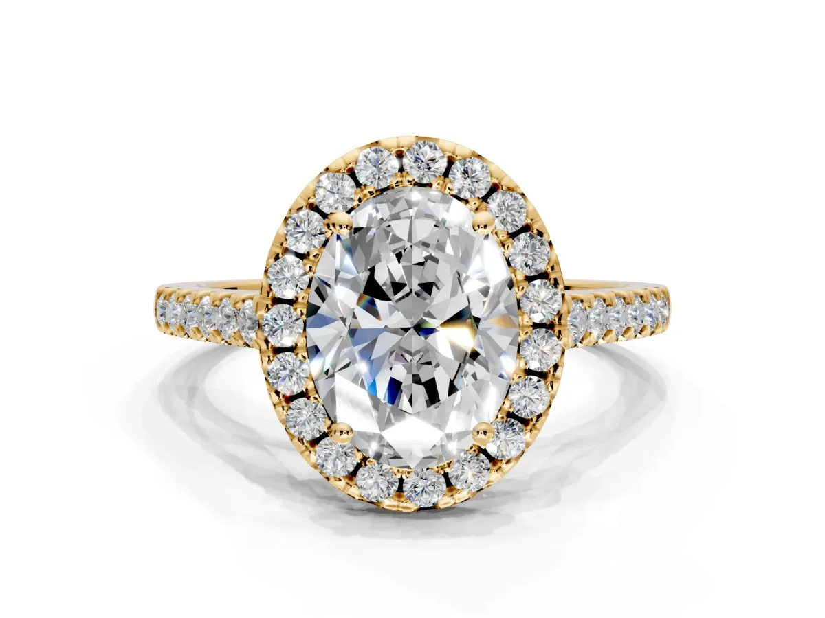 Halo Engagement Ring Setting for Oval Center with Raised Halo, Pave Band and Prong Head in Yellow Gold