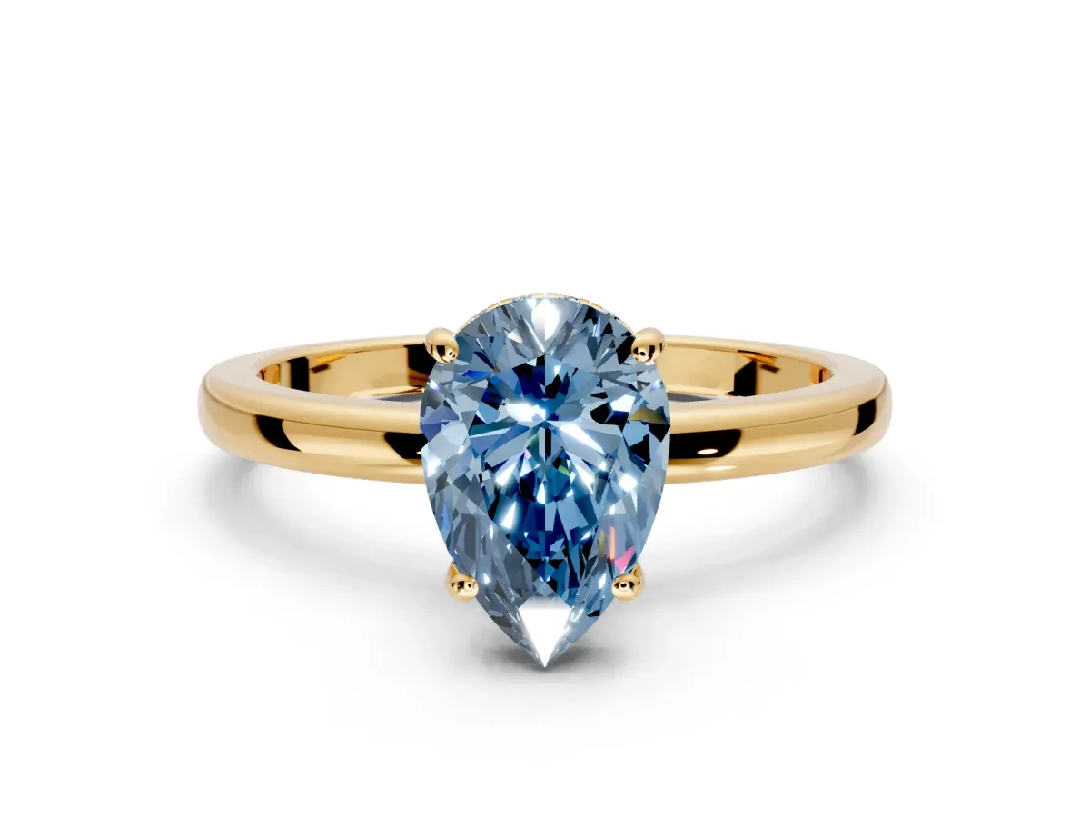 Solitaire Engagement Ring Setting for Fancy Blue Pear-Shaped Center with Fine Wire Band and Prong Head in Yellow Gold